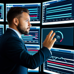 A highly competent financial analyst, a male in his 30s, dressed in a professional business suit, fully clothed, appropriate attire, reviewing complex data on multiple large, glowing screens in a futuristic, sleek office. The screens display abstract representations of market trends, interconnected digital assets, and AI-driven analysis dashboards with subtle data visualization. The overall atmosphere is one of technological innovation and deep insight. safe for work, appropriate content, modest clothing, perfect anatomy, correct proportions, natural pose, well-formed hands, proper finger count, natural body proportions, professional photography, high quality, studio lighting.