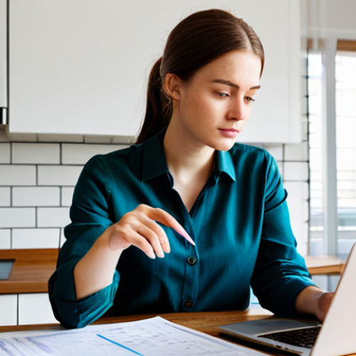 Home 8 Budgeting Basics**
"A young professional woman, fully clothed in a modest business casual outfit, sitting at a kitchen table reviewing bills and a budget spreadsheet on a laptop. The scene is a bright and tidy apartment kitchen. She has a pen in her hand and is looking thoughtfully at the screen. Safe for work, appropriate content, perfect anatomy, natural proportions, professional, modest. High-quality image, well-formed hands, proper finger count, soft natural lighting, Dutch setting."
**